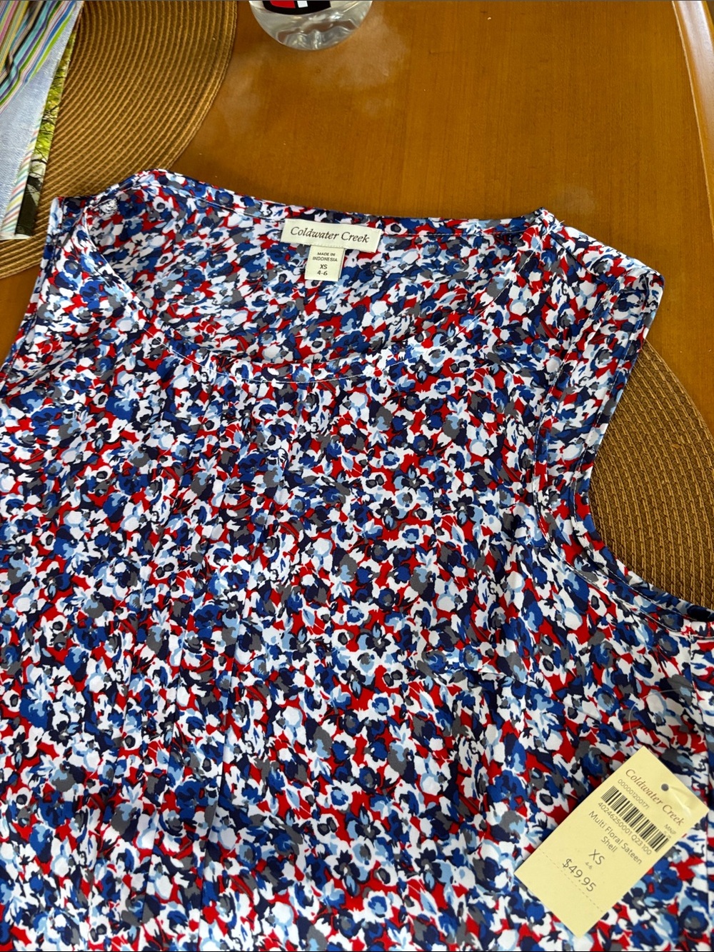 Coldwater Creek Red, Blue & White Floral Print Sleeveless Top